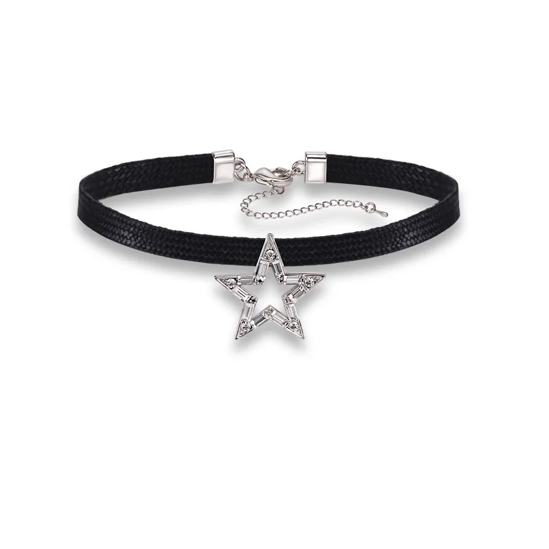 

Luxury Hollow Crystal Zircon Star Choker Necklace Collar Female Black Leather Rope Clavicle Sexy Party Jewelry Bijoux