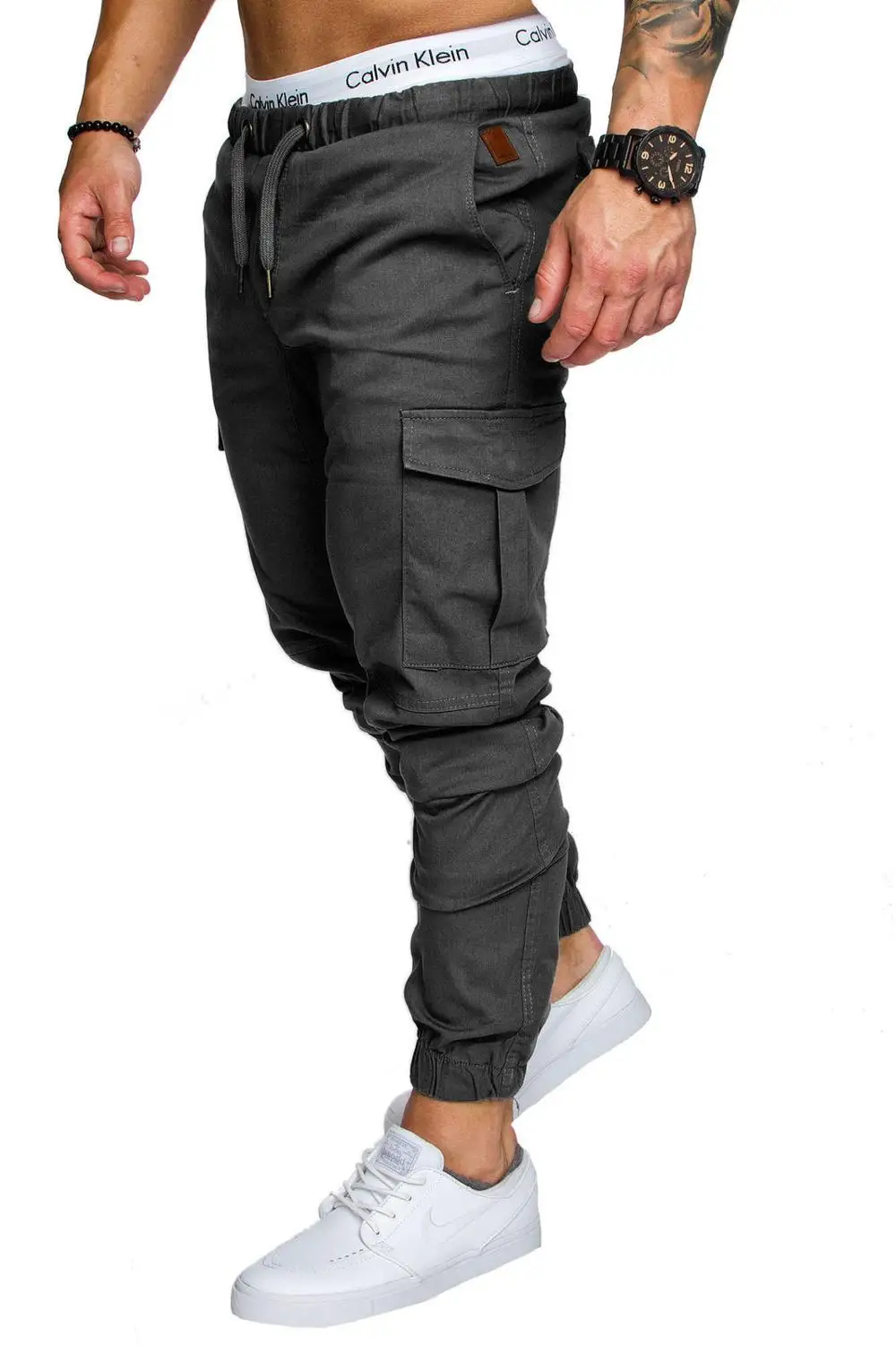 Мужские брюки новые модные брендовые рабочие карманы джоггеры брюки мужские брюки повседневные мужские s джоггеры однотонные брюки XXXL - Цвет: Темно-серый