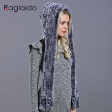 Raglaido, вязаный капюшон из кроличьего меха, настоящий шарф rex, шапка для женщин, зимняя теплая шапка 55-59 см, вязаная шапка большого размера LQ11278