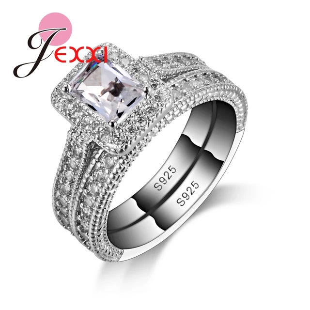 JEXXI 925 Sterling Silver Ring Sets With Full White High Quality CZ Crystal For JEXXI 925 Sterling Silver Ring Sets With Full White High Quality CZ Crystal For