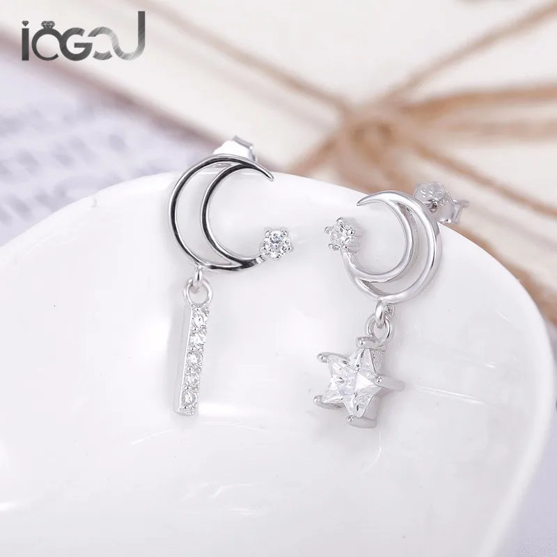 

IOGOU Genuine 925 Sterling Silver Drop Earrings Cute Moon Drop Earrings Line Star Design Engagement Wedding Anniversary Jewelry