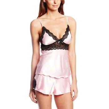

Women Sleeping Wear Summer Sexy Pajama Sets Lace Trim Satin Spaghetti Strap Cami Top+Shorts Set FS99