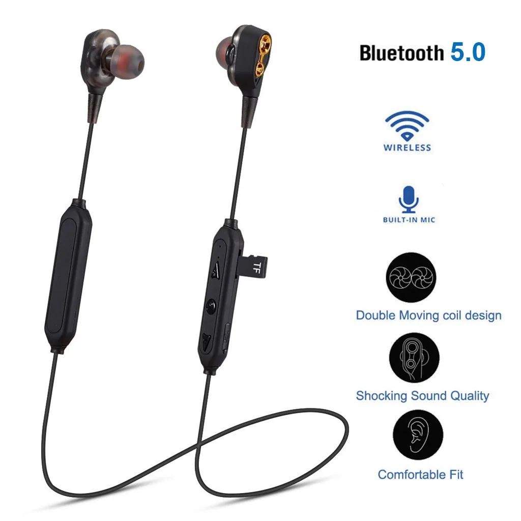 

2019 New Wirless Bluetooth HIFI Heavy Bass Headphone Dual Dynamic Driver TF Card Earphone sport running wireless bluetooth