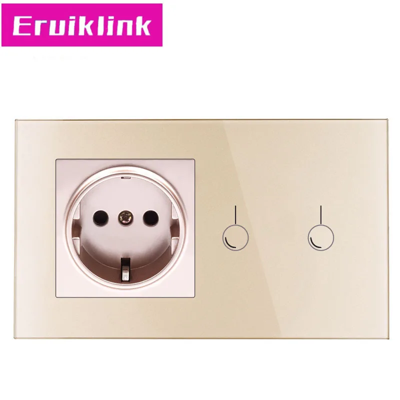 Eruiklink AC220~ 250 В, белая кристальная стеклянная панель, настенный сенсорный выключатель, 16А стандарт ЕС, настенная розетка с выключателем, светильник - Цвет: 2gang switch socket