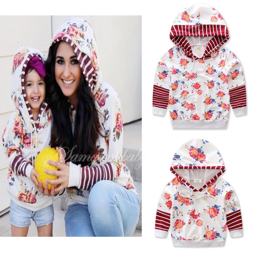 Летняя мода родитель ребенок долго Роза печати с капюшоном тонкое пальто свитер