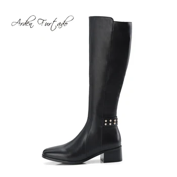 

Arden Furtado 2018 autumn winter fashion knee high boots genuine cow leather chunky heels 4cm pearl rivets women's shoes 33 40