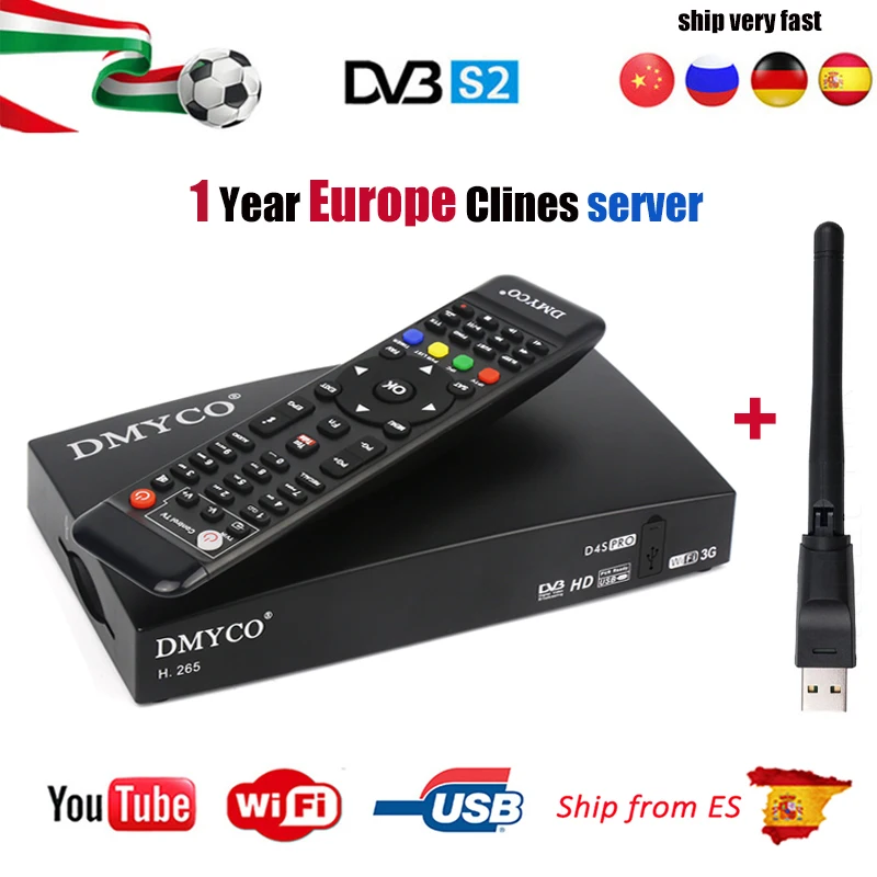 

DMYCO DVB-S2 D4S Pro Satellite Receiver Full HD1080P With 1 Year 7 cable for Europe Support YouTube Powervu Biss key Newcamd