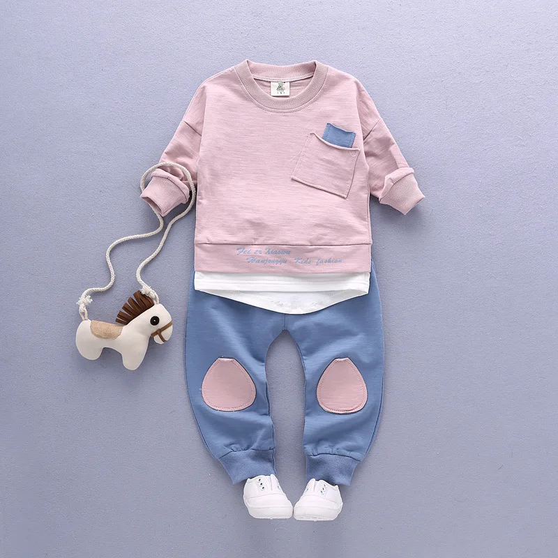 Мода на весну и осень для маленьких мальчиков и девочек, хлопковая футболка с длинным рукавом+ Штаны 2 шт./компл. тренировочный костюм для мальчиков комплект одежды для детей комплект для малышей - Цвет: Розовый