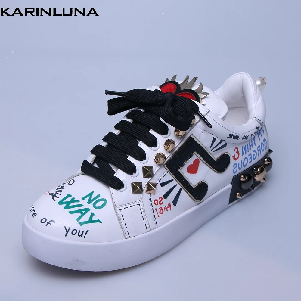 

KARINLUNA Popular Brand design 2019 Shoes Women Genuine Leather Lace Up Rivets natural Cow Leather Shoes Woman shoes flats