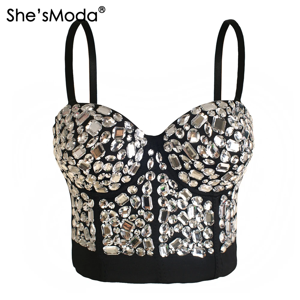 

She'sModa Rhinestone Bustier Pearls Push Up Corset Wedding Party Women's Bra Cropped Top Vest Plus Size
