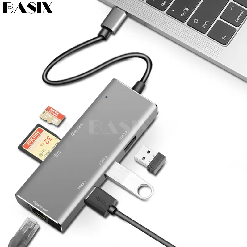 Сетевой адаптер Basix USB C HUB сетевой с поддержкой Ethernet 3 0 RJ45 док станция для MacBook Pro 1