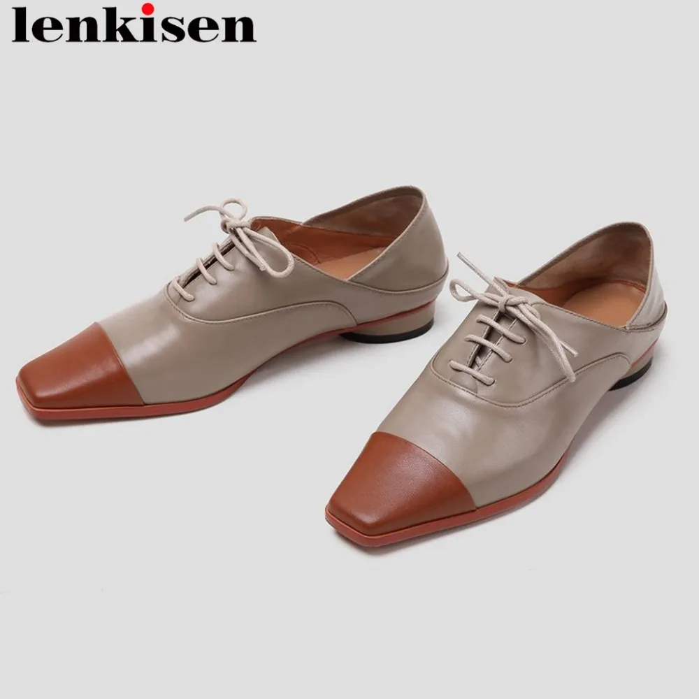 

Lenkisen British school low heels mixed colors full grain leather square toe lace up Preppy style campus dating women pumps L13