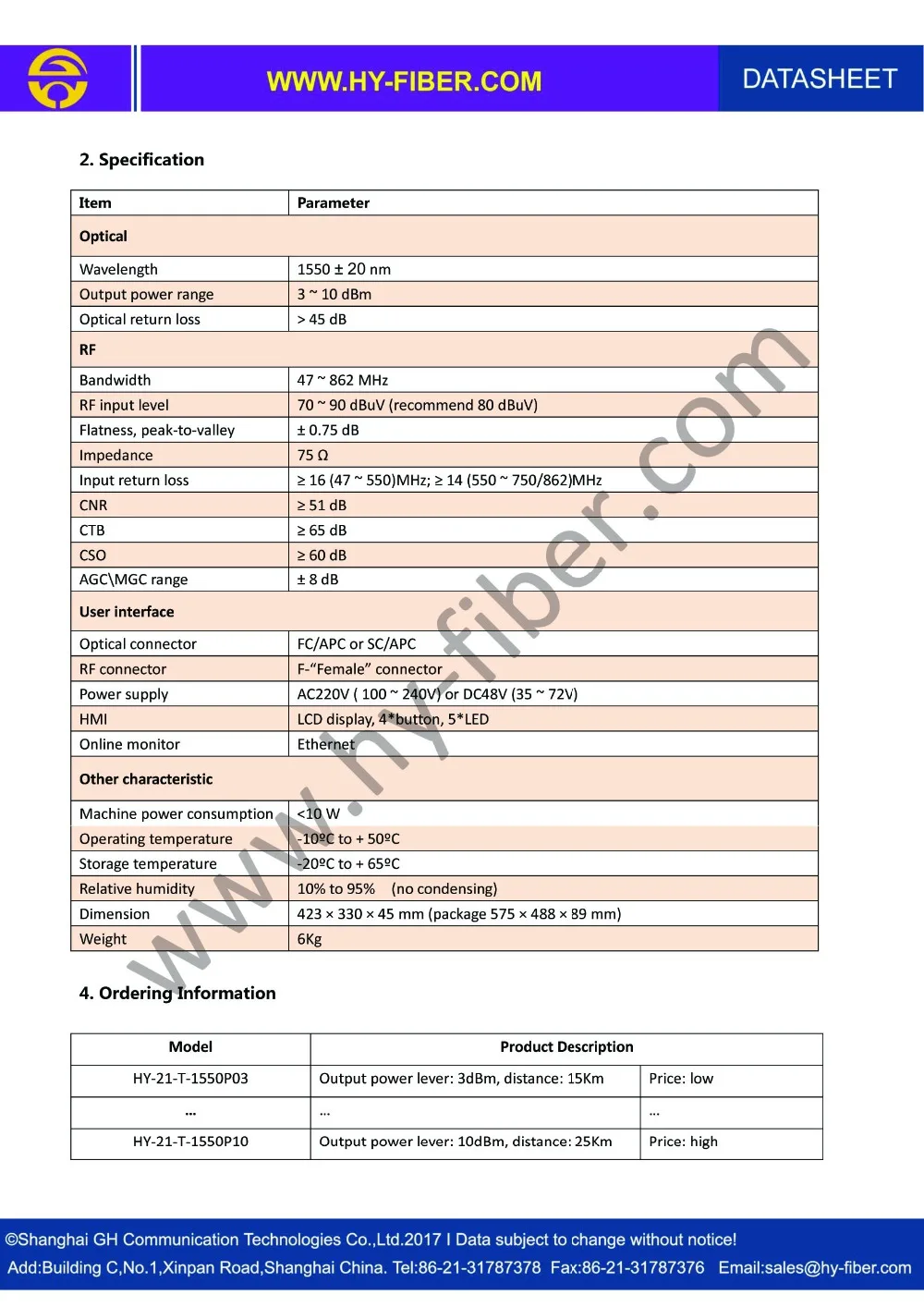 CATV 1510nm optical transmitter HY-21-T-15502 
