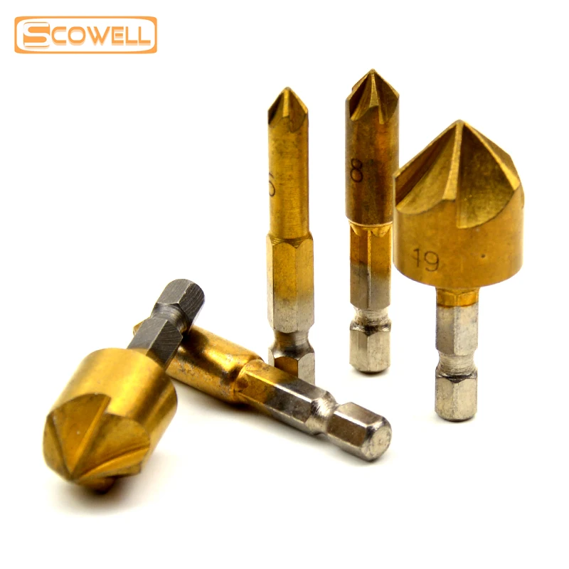 

5pcs Countersink Drill Bit Set 1/4'' Hex Shank HSS 5 Flute 90 Degree Center Punch Tool Sets Wood Chamfering Cutter Wood Drilling