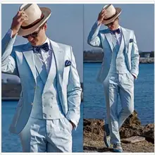 Светло-голубой две кнопки Жених Смокинги для женихов Для мужчин Блейзер Пром Бизнес Костюмы(куртка+ Брюки для девочек+ жилет+ галстук) k: 591