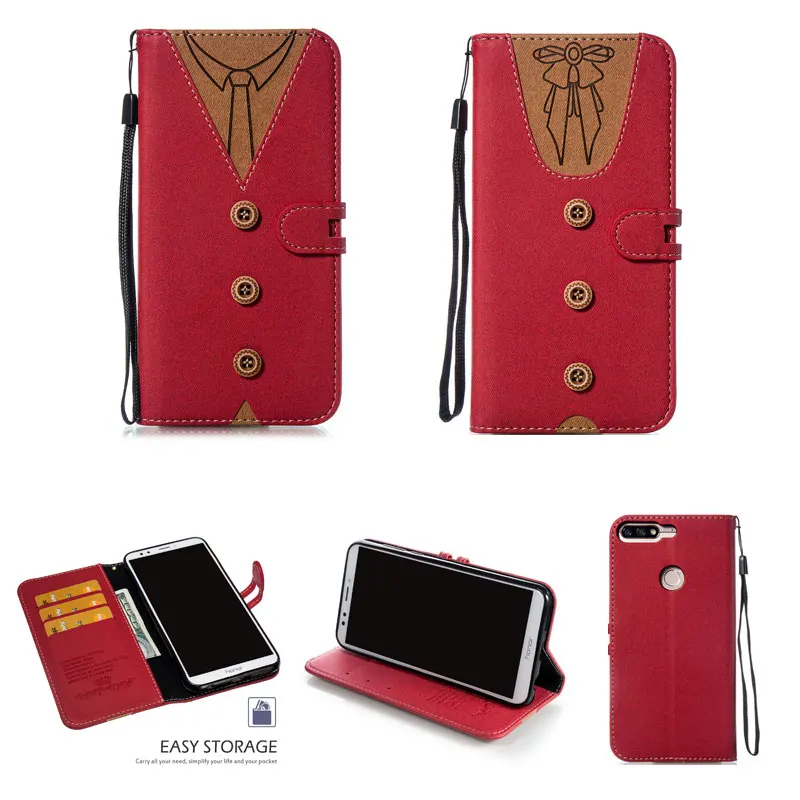 

Case for Huawei Y6 Y7 Prime 2018 Cover Retro Cloth Wallet Card Flip Cover for Huawei P Smart Y7 2017 Funny Bow Tie Leather Case