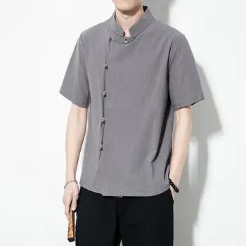 

M-5XL Short Sleeve Linen Shirt Men Casual Chinese Style Vintage Beach Shirts for Wedding Fashion Men Clothing XXXXXL