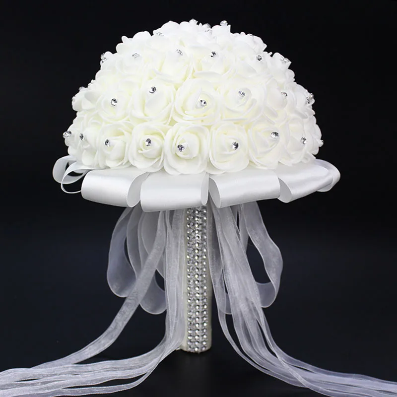 

YO CHO Wedding Bouquet Roses Artificial Flowers White Wedding Bridesmaids Bridal Bouquets Rhinestone Marriage Supplies Bouquets