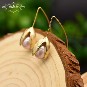 

GLSEEVO Natural Freshwater Pearl Earrings For Women Wedding Birthday Gift Flower Dangle Earrings Fine Jewelry Brincos GE0100
