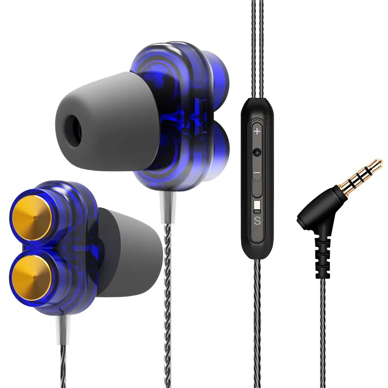 RUKZ Z02 двойные динамические наушники со спикером с микрофоном для телефона XIAOMI, стерео наушники-вкладыши, прозрачная гарнитура, бас спортивные наушники - Цвет: Синий
