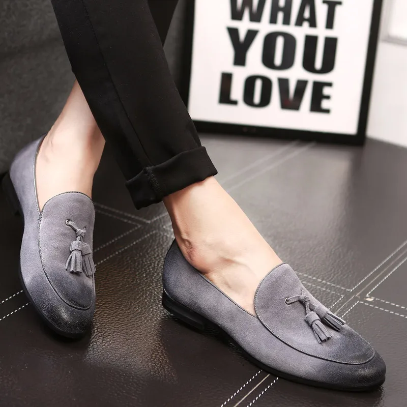 Merkmak Men's Suede Loafers Italian Style Tassel Casual Leather Men Shoes Designer Gradient Scrub Slip On Wedding Footwear Man's