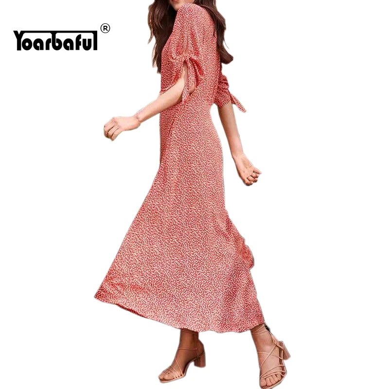 

Women Summer Red Polka Dot Dress Sexy V Neck Vintage Maxi Vestidos Elegant Chiffon Short Bow Sleeve Buttons Lady Long Sundress