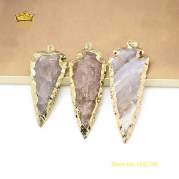 

5pcs Large Arrow Natural Ocean Stones Plated Gold Copper Bails Raw Rough Gems Pendants Making Necklace Jewelry Supplies GH140