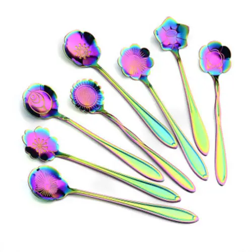Нержавеющая сталь цвета радуги с цветочным рисунком Форма чайная, кофейная ложка для мороженого сахара столовые приборы посуда Кухня инструменты