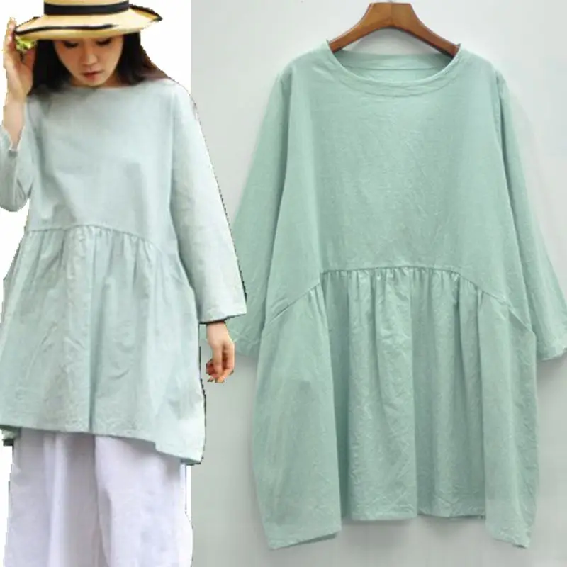 Top Katun Linen Plus Ukuran Tunique Femme Wanita Atasan  