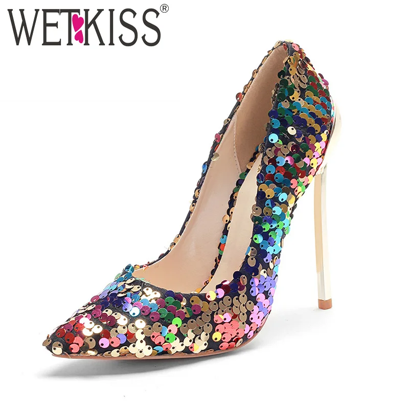 

WETKISS Sexy High Heels Women Pumps Bling Shallow Footwear Pointed Toe Footwear Autumn Fashion Wedding Lady Shoes Big Size 45