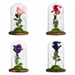 День Святого Валентина блестящая искусственная Шелковая Роза цветок и светодиодный свет в стеклянном куполе на деревянной основе лучший