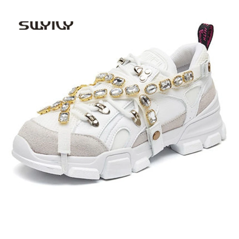 

SWYIVY Women Skateboarding Shoes Light Weight Rhinestone Sneakers Women 2018 New Hip hop Lace-up Sport Shoes Women Ins Hot