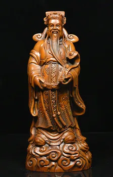 

wedding decoration 8" Chinese Folk Collect Boxwood Wood Carved Wealth Mammon God Hold RuYi Statue