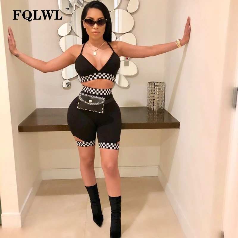 

FQLWL Plaid Two Piece Set Rompers Womens Jumpsuits Deep V Neck Hollow Out Sexy Ladies Playsuit Summer 2018 Streetwear Overalls