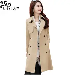 UHYTGF весенне-осенняя женская одежда mode femme Тренч пальто тонкий корейский сплайсированный плюс размер двубортные пальто с длинными рукавами