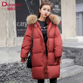 

Deodar 2018 autumn winter Women ladies Fashion fur hoodie long Down jacket Cotton thick Parkas Female Long warm clothing coat
