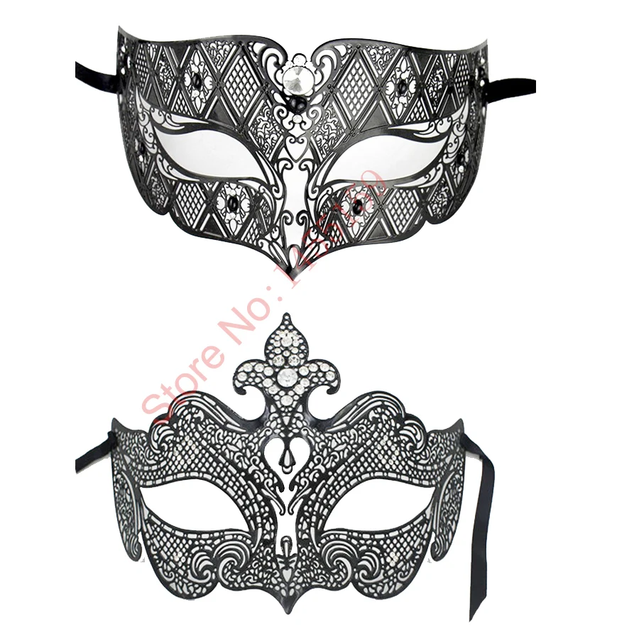 Black Metal Venetian Couples Wedding Masquerade Costume Mask Set Elegant Prom