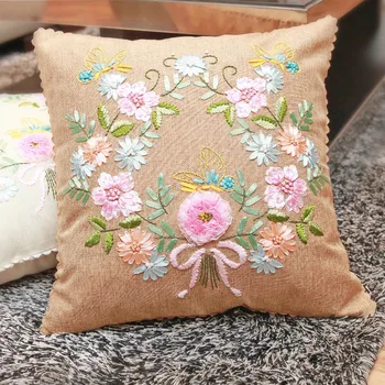 

Easy Ribbon Embroidery Cushion Hemp Pillow Case for Beginner Needlework Cross Stitch Kits Handmade Sewing Art Flowers Series