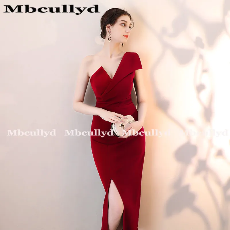 Mbcully V шеи Русалка Выпускные платья 2019 дешевые женское вечернее платье без спины платье элегантные, на одно плечо высокого Сплит Красный