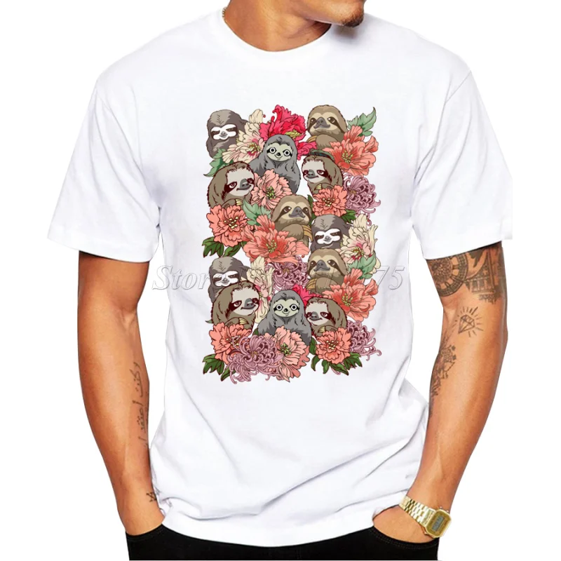 

2019 New Fashion Flower Sloth Design Men's High Quality Printed T Shirt Cool Tops Casual Male T-shirt