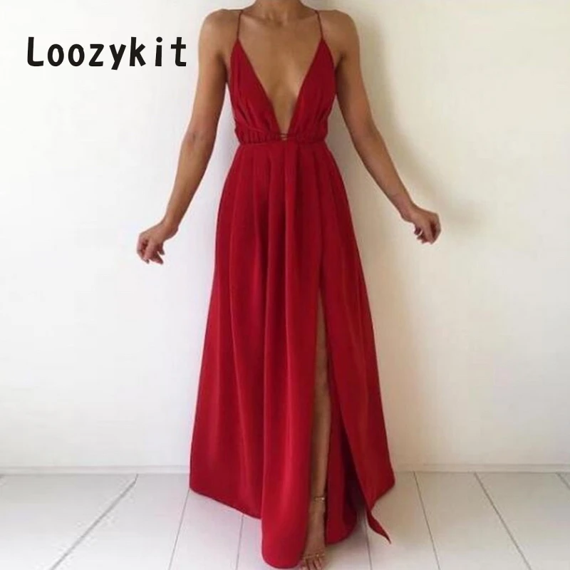 

LOOZYKIT Sexy V-Neck Sleeveless Summer Dress Women White Maxi Dress High Waist Split Fashion Bandage Party Boho Beach Vestidos