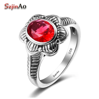 

Szjinao Turkish Jewelry Famous Brand Women Rings 100% 925 Sterling Silver Handmade Red Crystal Vintage Bohemia Wedding Gift