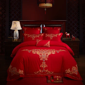 

Luxury 100% Cotton Red Wedding Bedding Set bedcloth Embroidery Duvet Cover Bed Sheet Pillowcases Queen King Size 4/6/7pcs