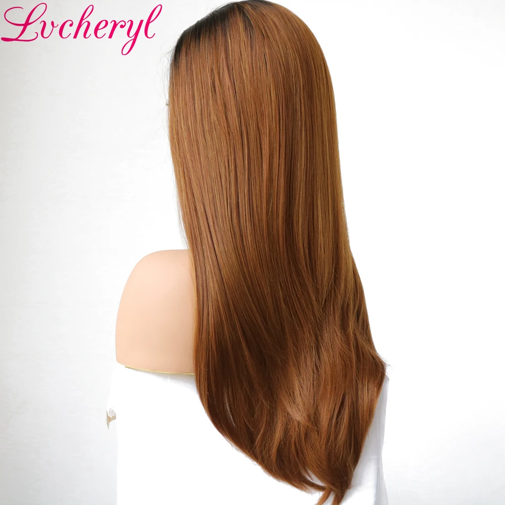 

Lvcheryl Hand Tied Ombre Dark Roots To Brown Natural Long Straight Synthetic Lace Front Wig Heat Resistant Hair Wigs for Women