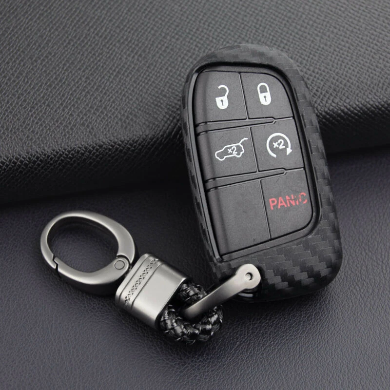 

For Jeep Dodge Chrysler Key Cover Carbon Fiber Black Fob Chain Accessories Case Ring Engine Latest Durable New