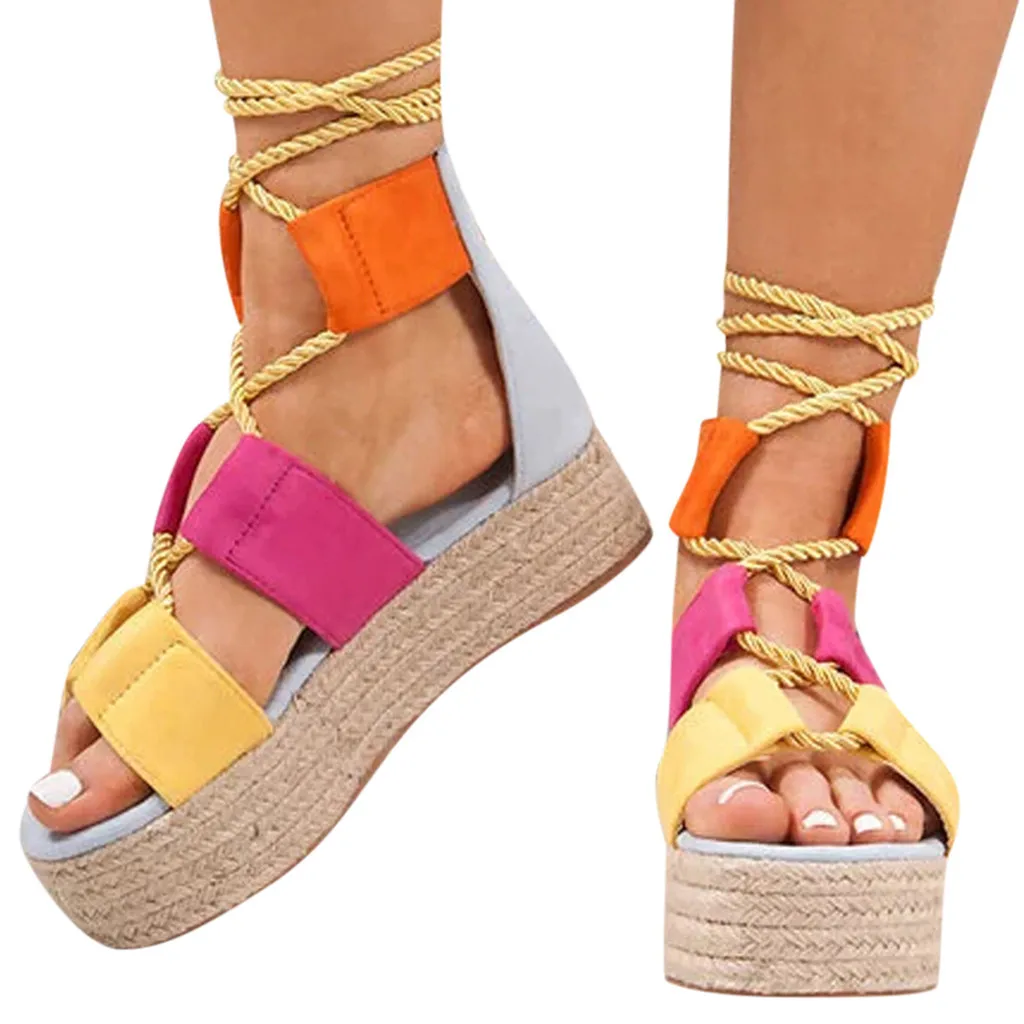 

Summer Wedge Espadrilles Women Sandals 7CM Heel Pointed Fish Mouth Sandals Woman Hemp Lace Up Women Platform Sandals C3