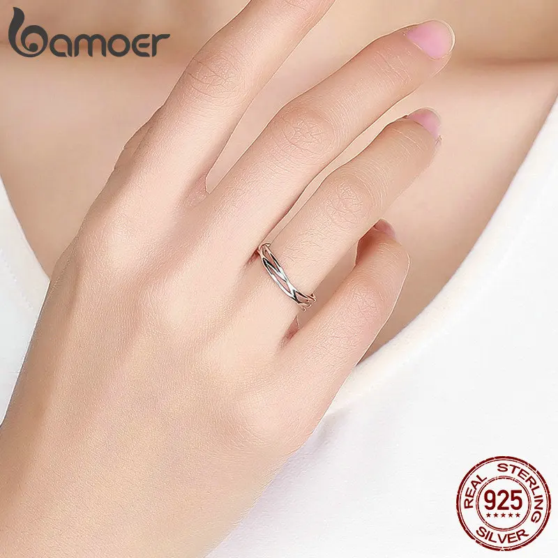 BAMOER подлинные 925 пробы серебряные геометрические скрученная волна открытый размер палец кольца для женщин Свадебные обручальные ювелирные изделия SCR483