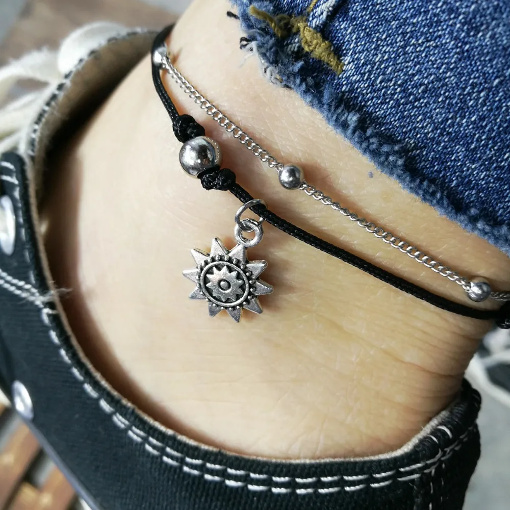 

Double Layers Charms Anklets Women Ankle Bracelet Antique Silver Color Sun Pendant Bead Foot Rope Chain Barefoot Sandals Jewelry