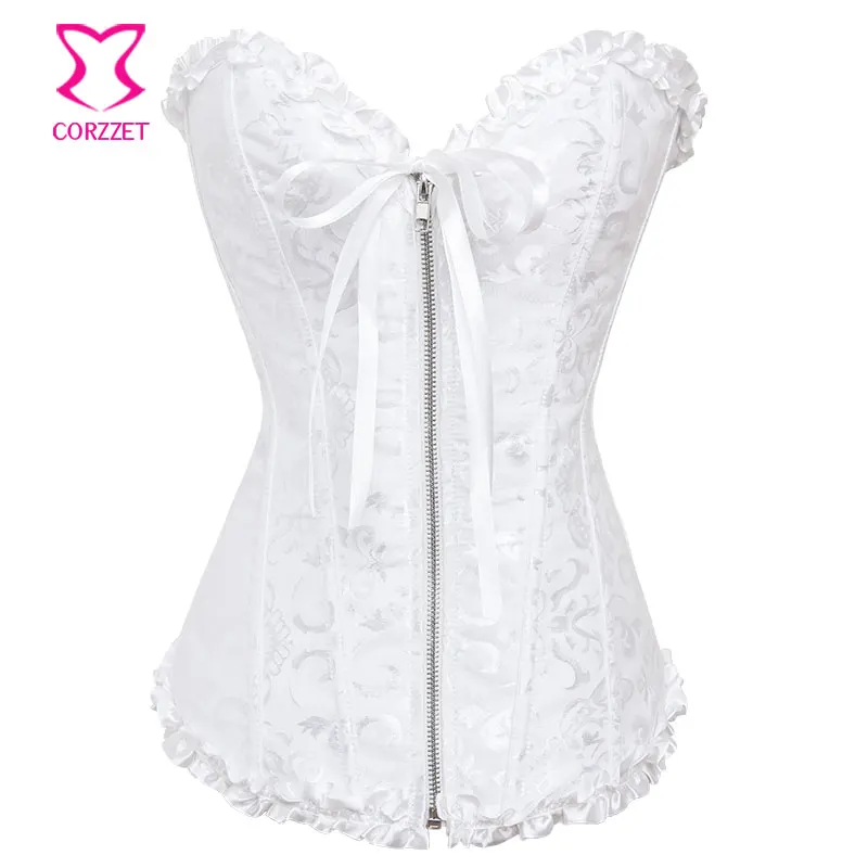 

Zipper Front Jacquard Overbust Corset White Bridal Sexy Lingerie Korse Gotico Espartilhos E Corpetes Women Corsets and Bustiers
