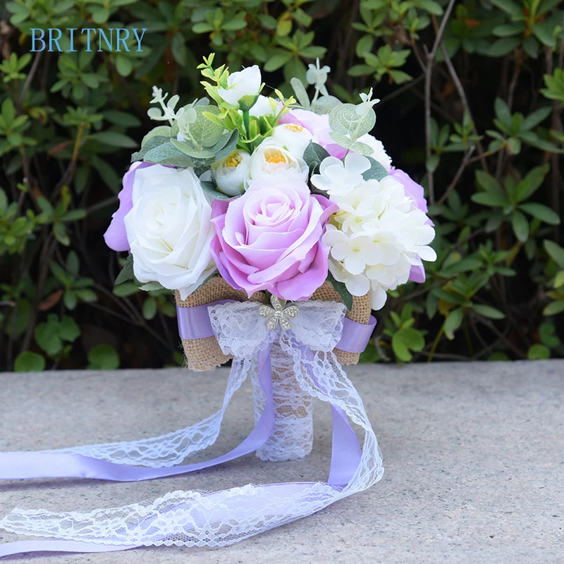 BRITNRY Purple White Wedding Bouquet Handmade Artificial Flower Rose